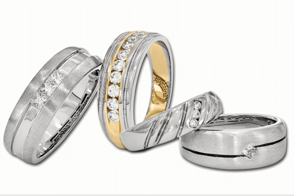 Ladies wedding bands and men's wedding bands in white gold, rose gold, yellow gold, and contemporary metals